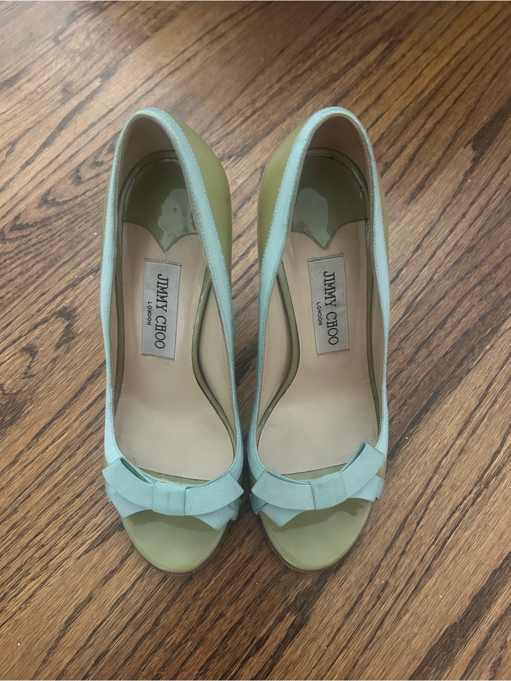 Jimmy Choo Mint Green Satin Peep-Toe Pumps with Bow